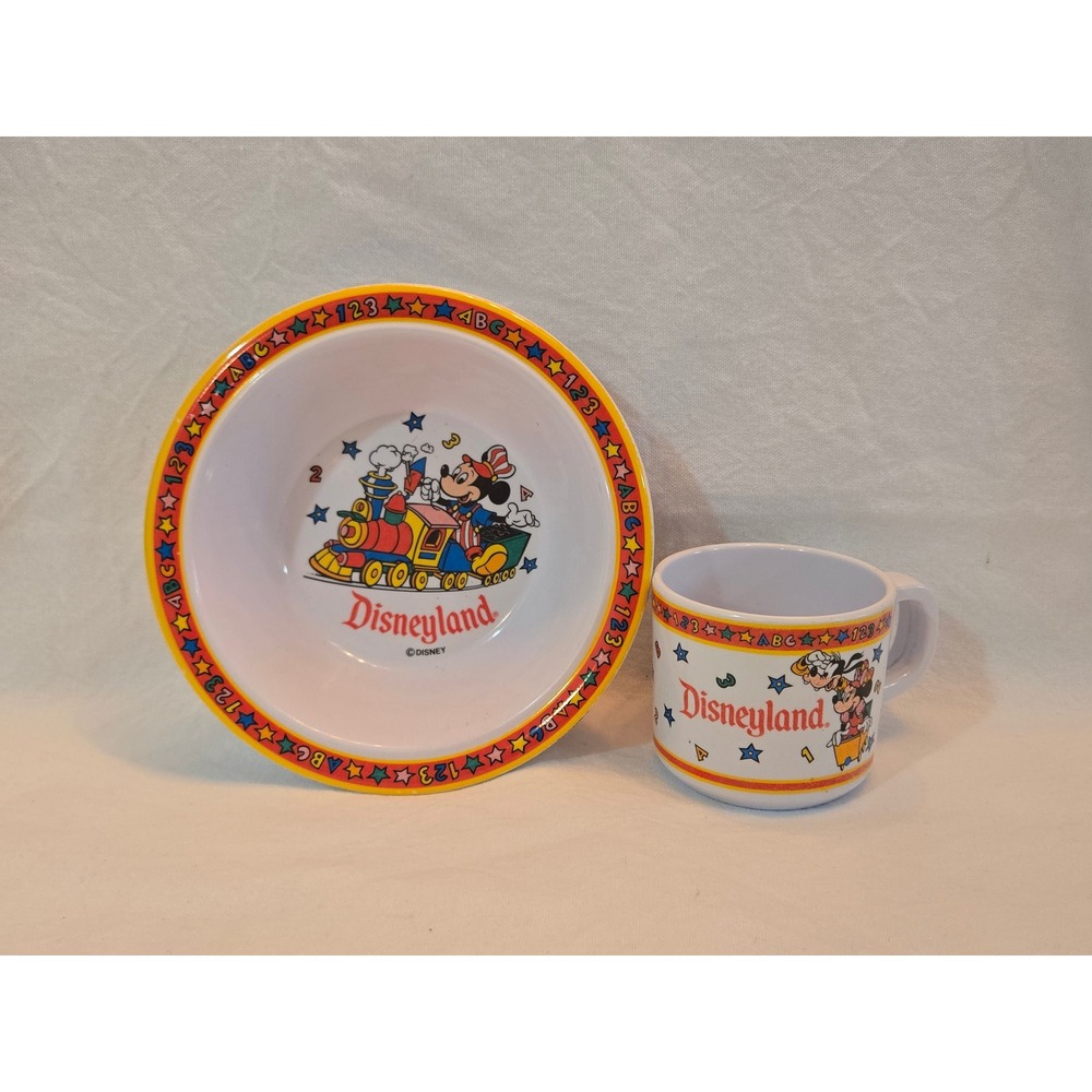 Vintage Disneyland Mickey Mouse Train Mug & Bowl Set Kids Childrens Mealtime Fun